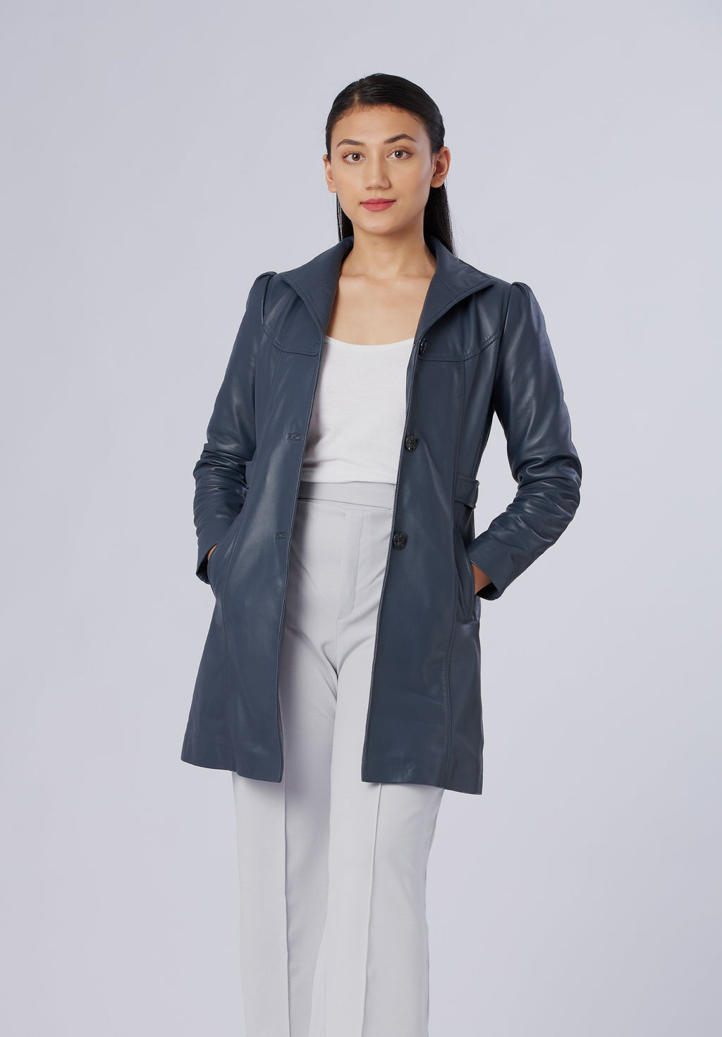women leather long coat

















